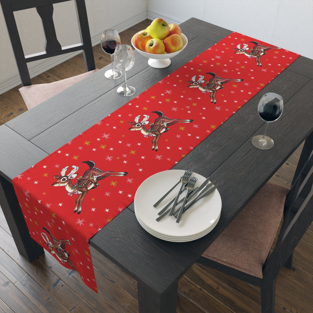 Leaping Reindeer Stars Red Midcentury Retro Christmas Polyester Table Runner