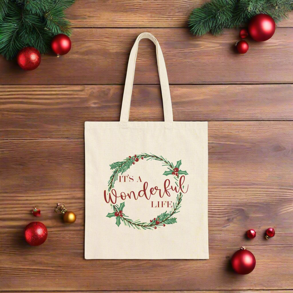 It's A Wonderful Life Christmas Wreath Cotton Canvas Tote Bag Unique Cozy Cute Winter Holiday Gift For Her Him Friend