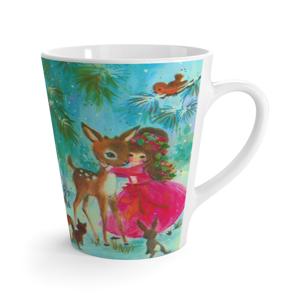 Girl Hugging Fawn Baby Deer Woodland Critters Mod Retro Christmas Print Latte Coffee Mug