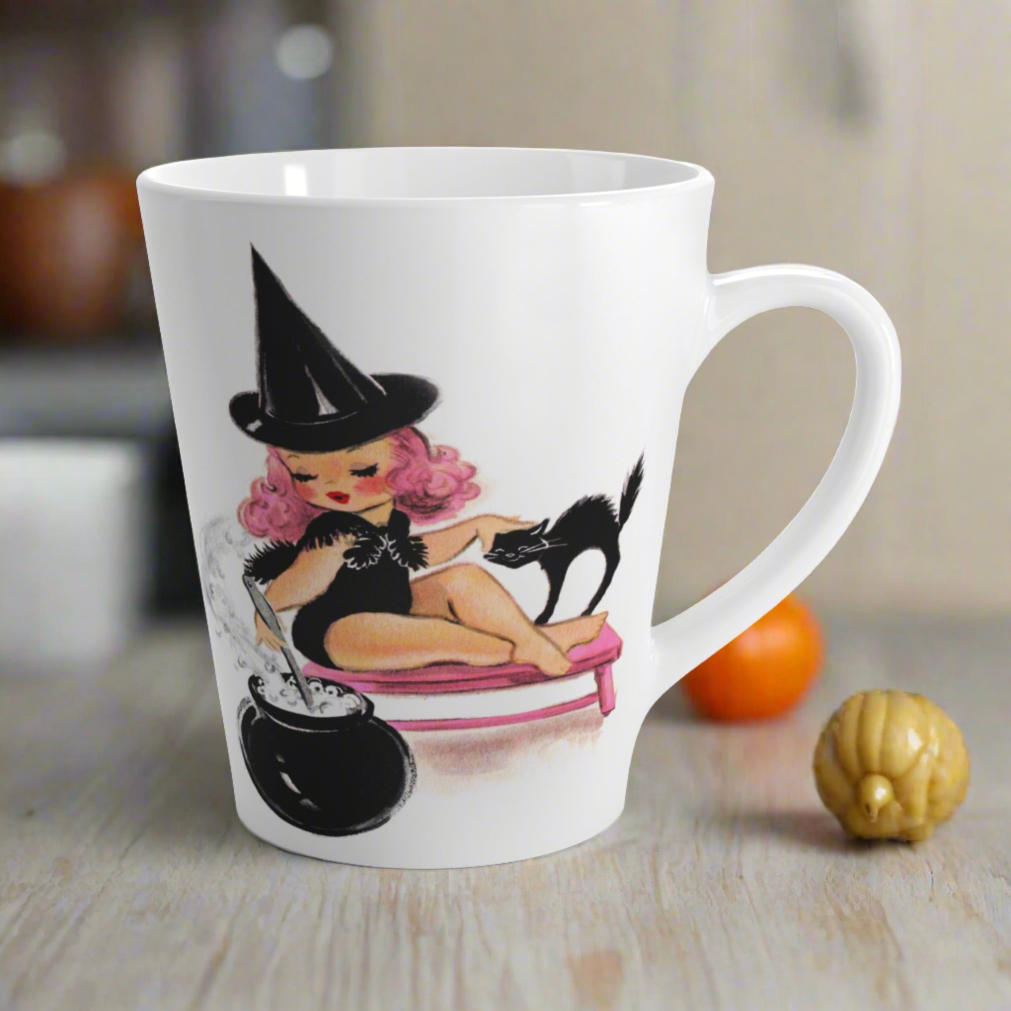 Pink Witch Black Cat Cauldron  Halloween Retro Print Latte Mug