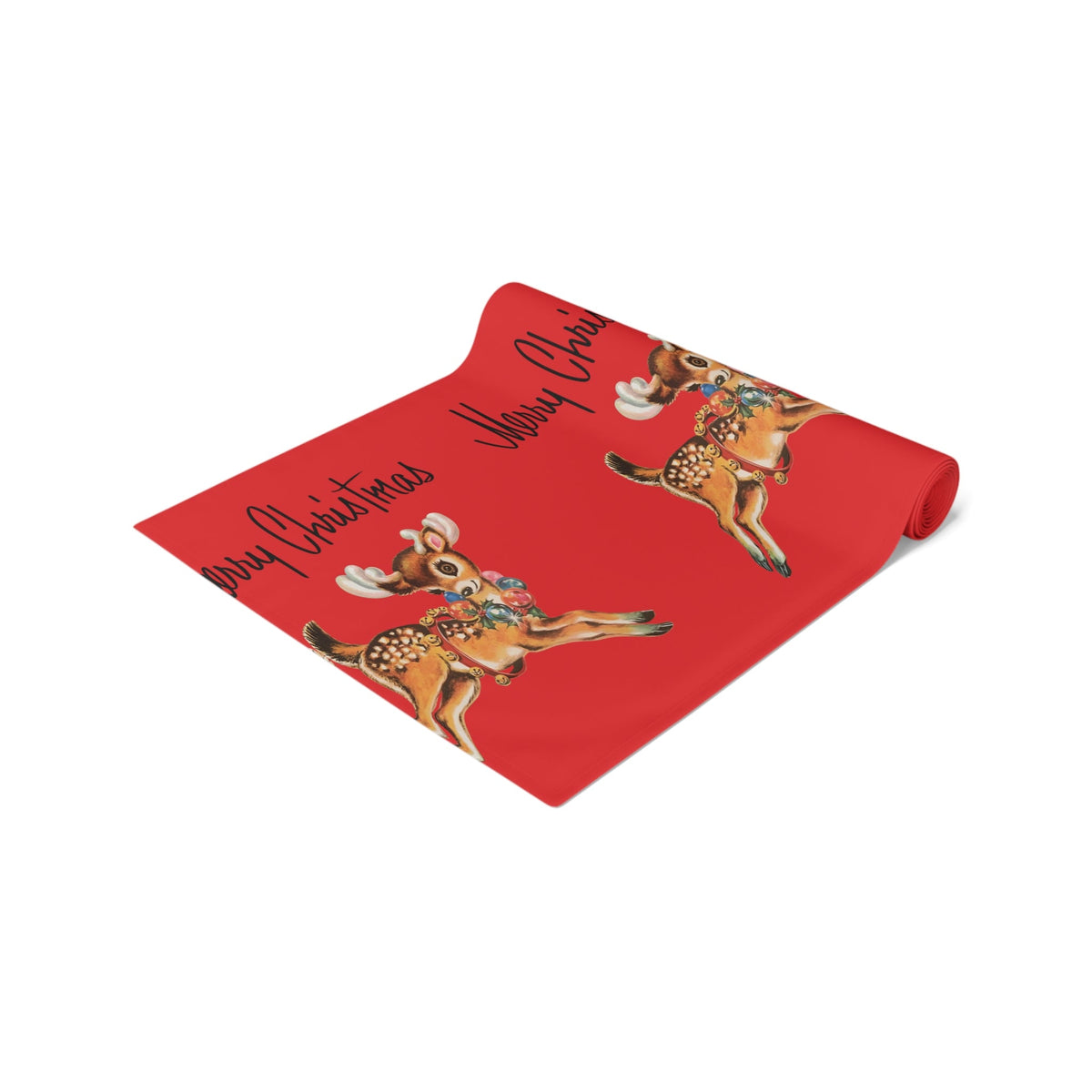 Merry Christmas Reindeer Mid Century Red Retro Christmas Print Home Decor Cotton Poly Table Runner
