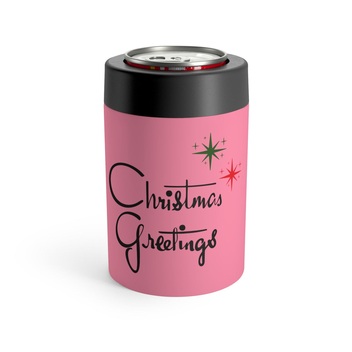 Christmas Greetings Starburst Pink Mid Century Retro Christmas Print Stainless Steel Can Holder