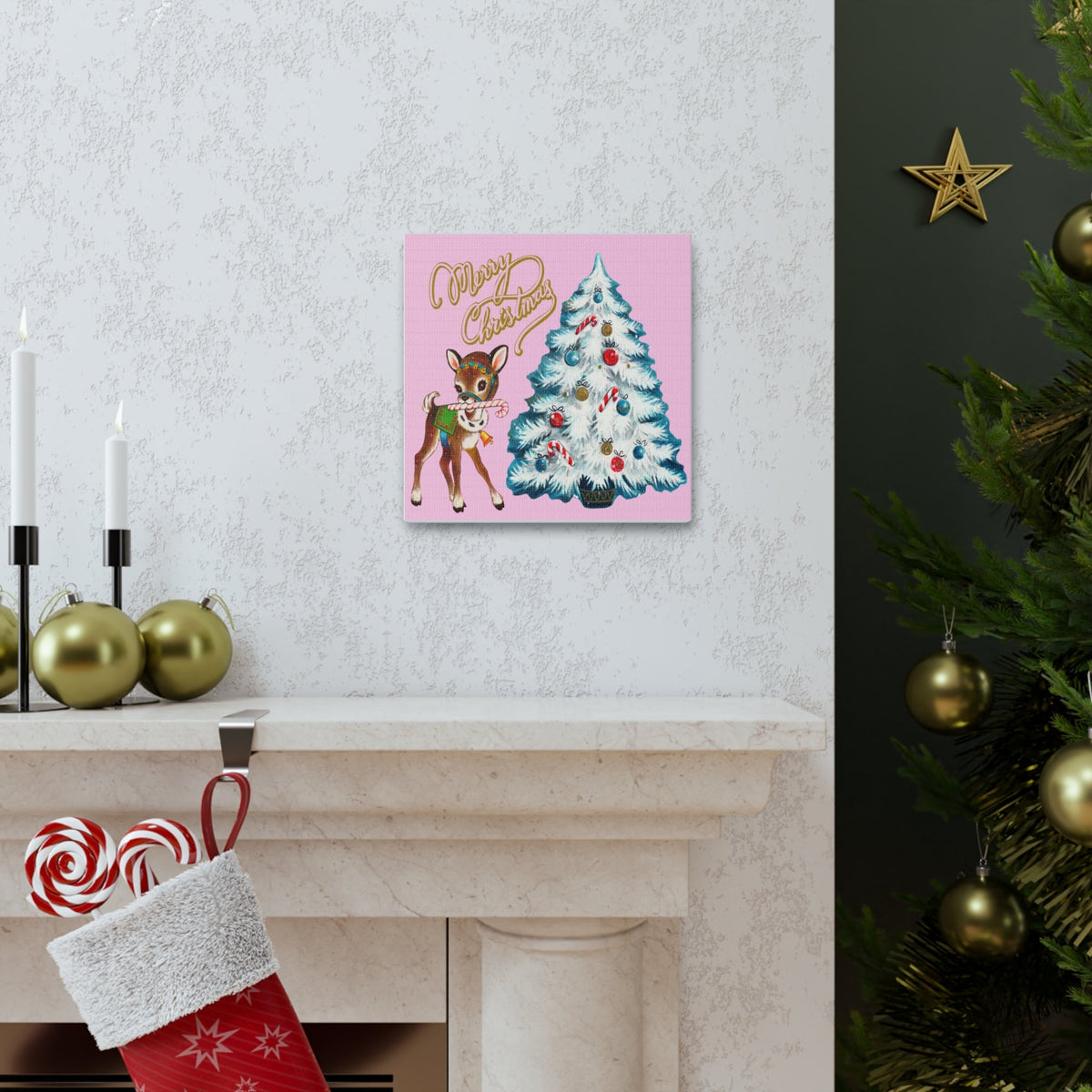 Reindeer Merry Christmas Mid Century Retro Pink Christmas Canvas Gallery Wrap