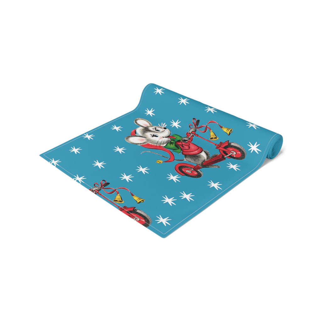 Christmas Mouse On Scooter Blue Mid Century Retro Christmas Print Home Decor Cotton Poly Table Runner