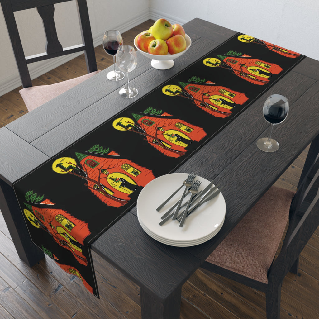 Halloween Table Runner: Green Witch Black Cat Orange House Retro Halloween Print Decor Cotton Poly Table Runner