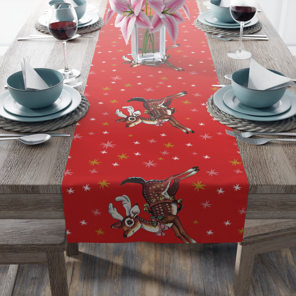 Leaping Reindeer Stars Red Midcentury Retro Christmas Polyester Table Runner