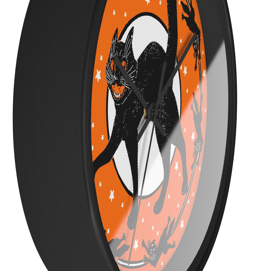 Black Cats Full Moon Stars Retro Halloween Black Wooden Wall Clock