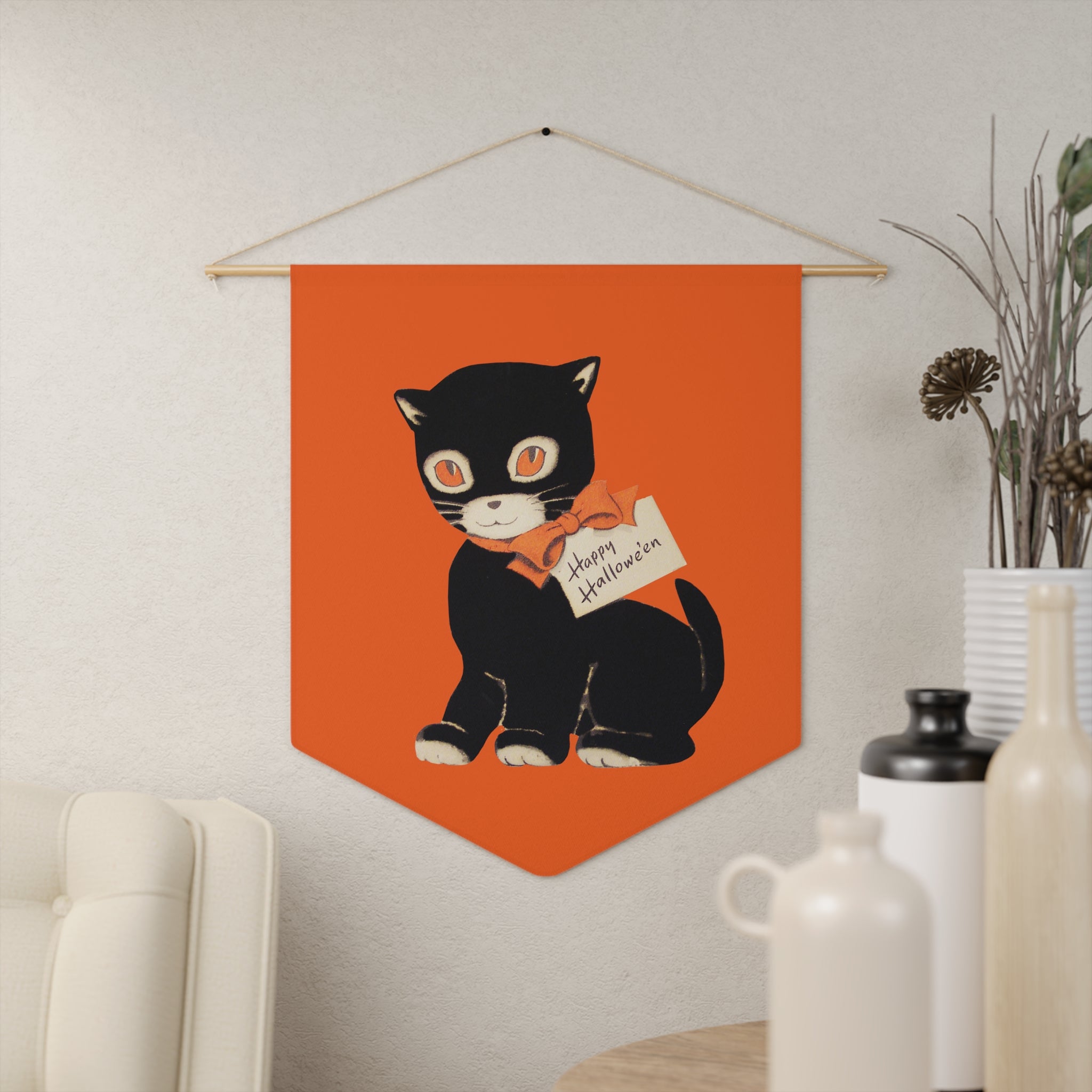 Happy Halloween Black Cat Retro Halloween Print Style Decor Print Wall Hanging Banner Flag