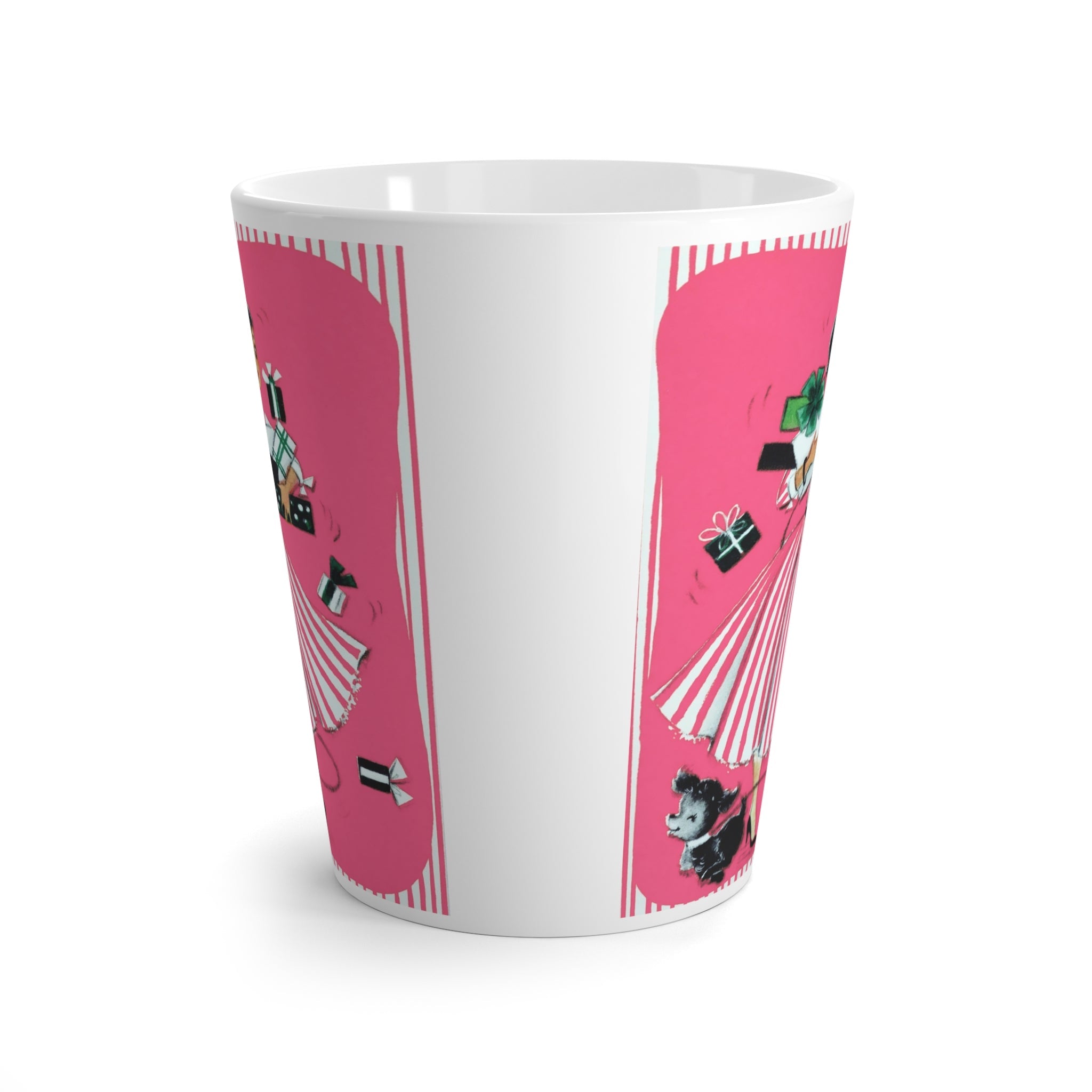 Lady With Presents Cute Dog Pink Christmas Retro Print Latte Coffee Mug