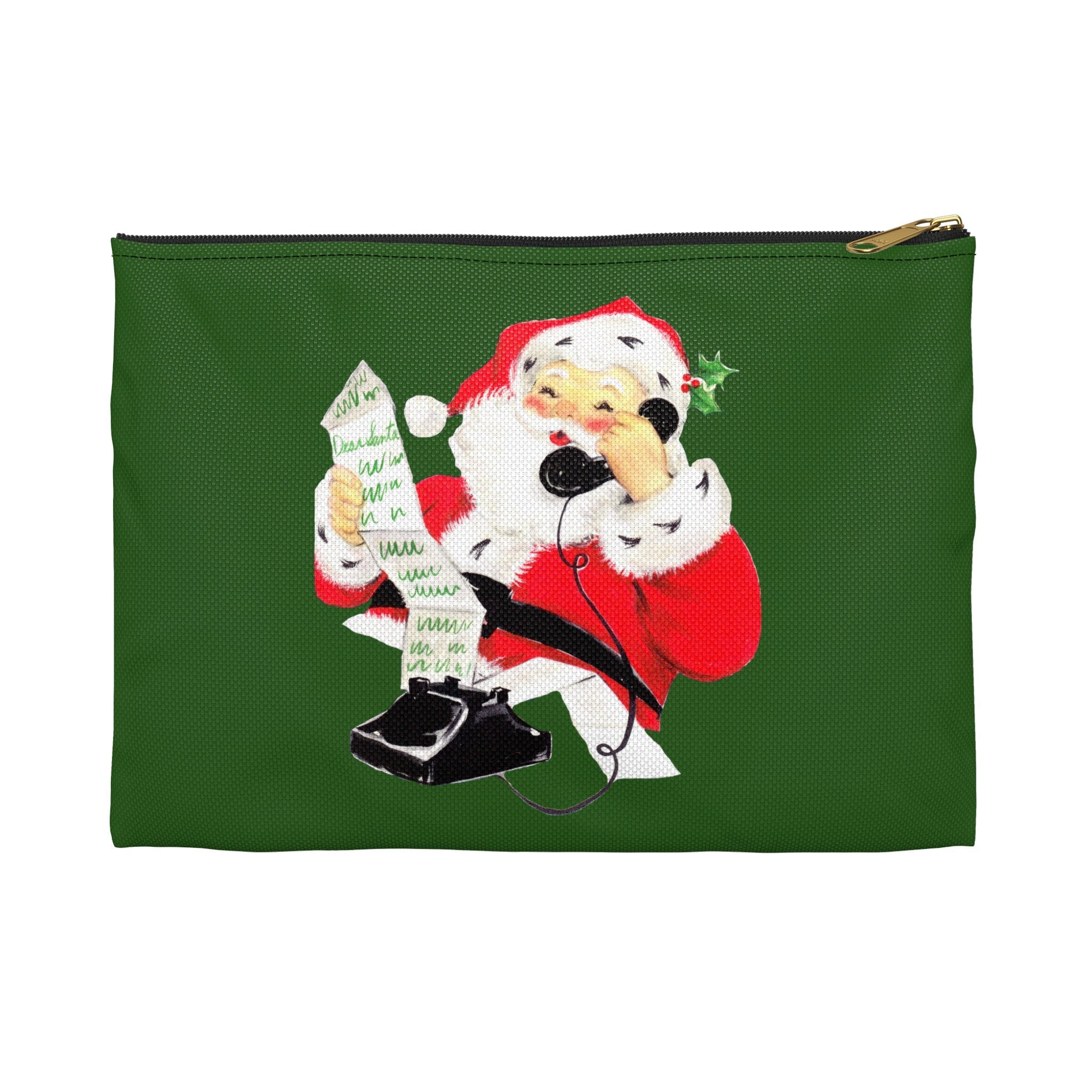 Santa Checking His List On Telephone Mid Century Retro Christmas Print Accessory Polyester Pouch Travel Bag