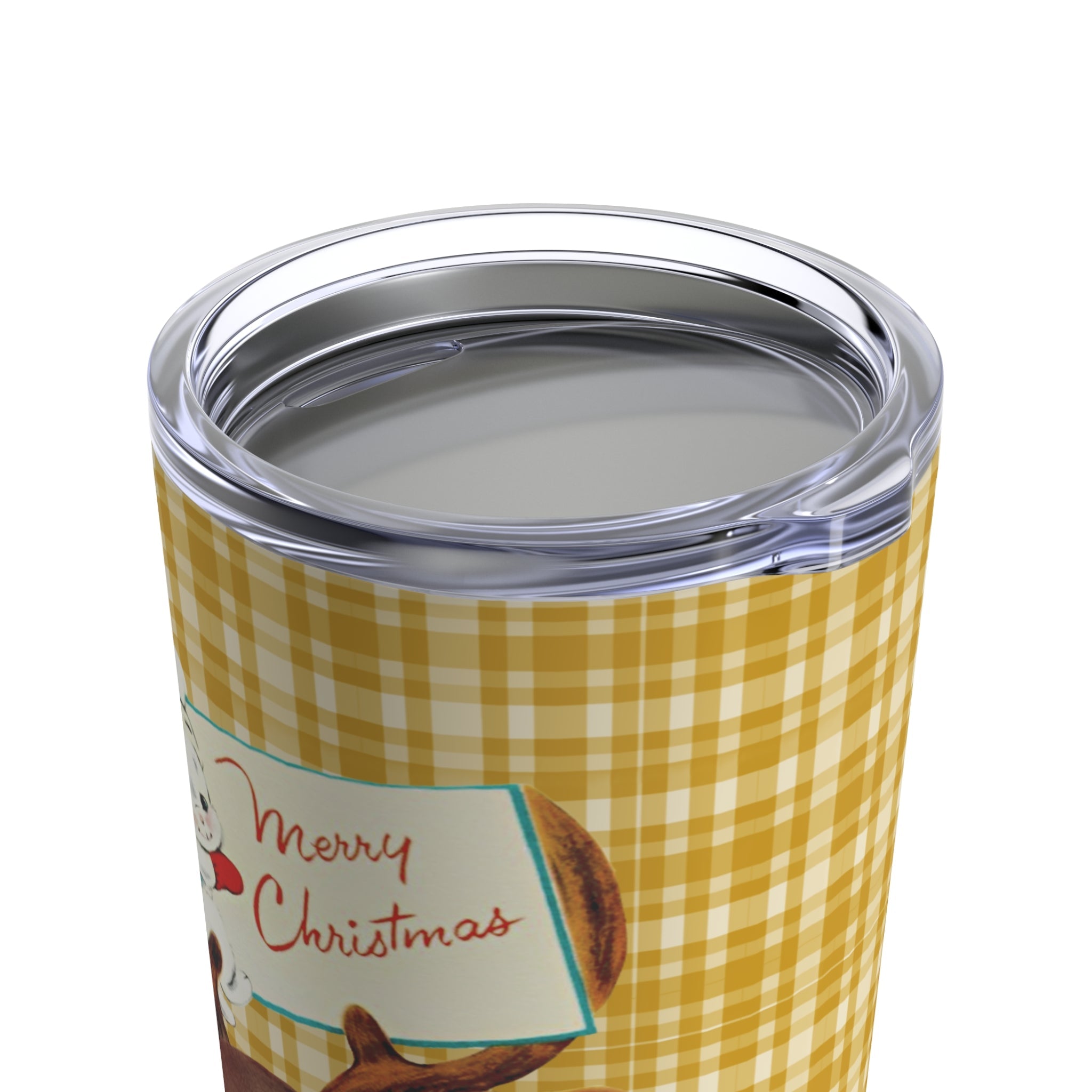Merry Christmas Reindeer Bunny Yellow Plaid Retro Mid Century Christmas Style Stainless Steel Tumbler 20oz