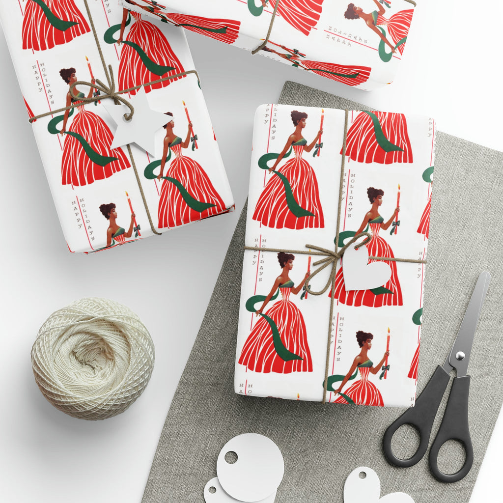 Happy Holidays Christmas Lady With Candle Retro Christmas Print Holiday Gift Wrap Paper - Glossy Or Matte