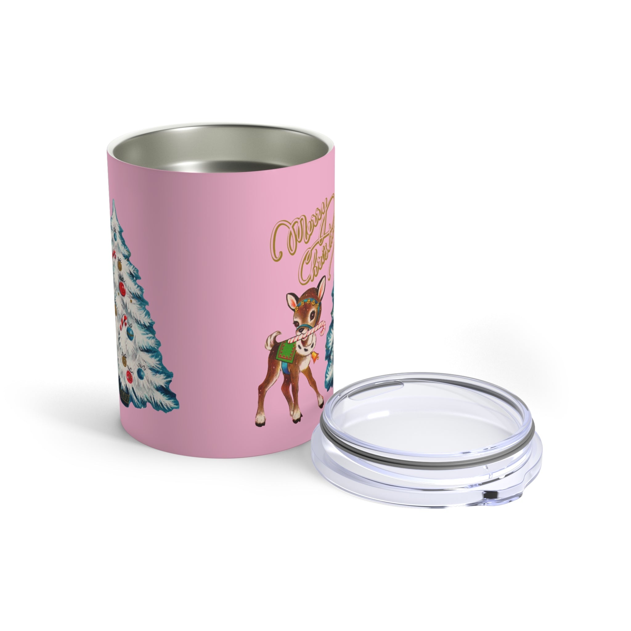 Merry Christmas Reindeer Christmas Tree Retro Pink Christmas Print Stainless Steel Tumbler 10oz