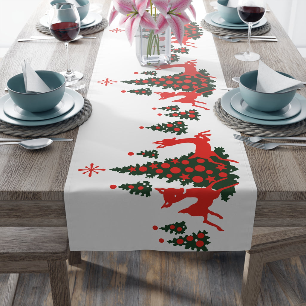 Red Reindeer Christmas Trees Midcentury Retro Polyester Table Runner