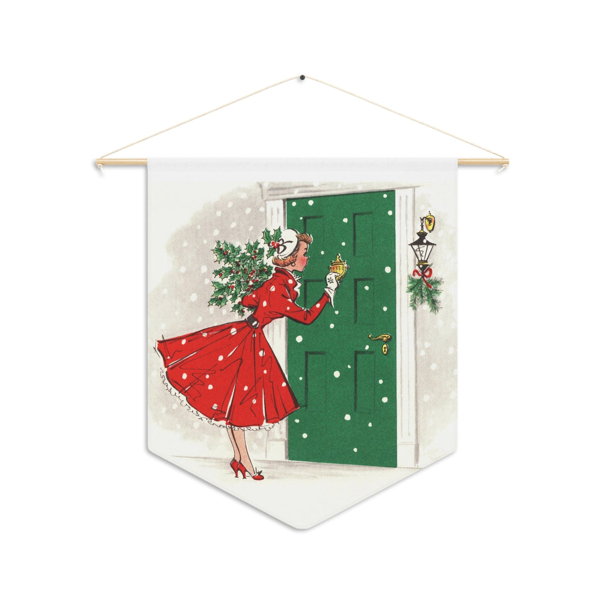 Christmas Lady With Holly Mistletoe Retro Christmas Print Wall Hanging Banner Flag