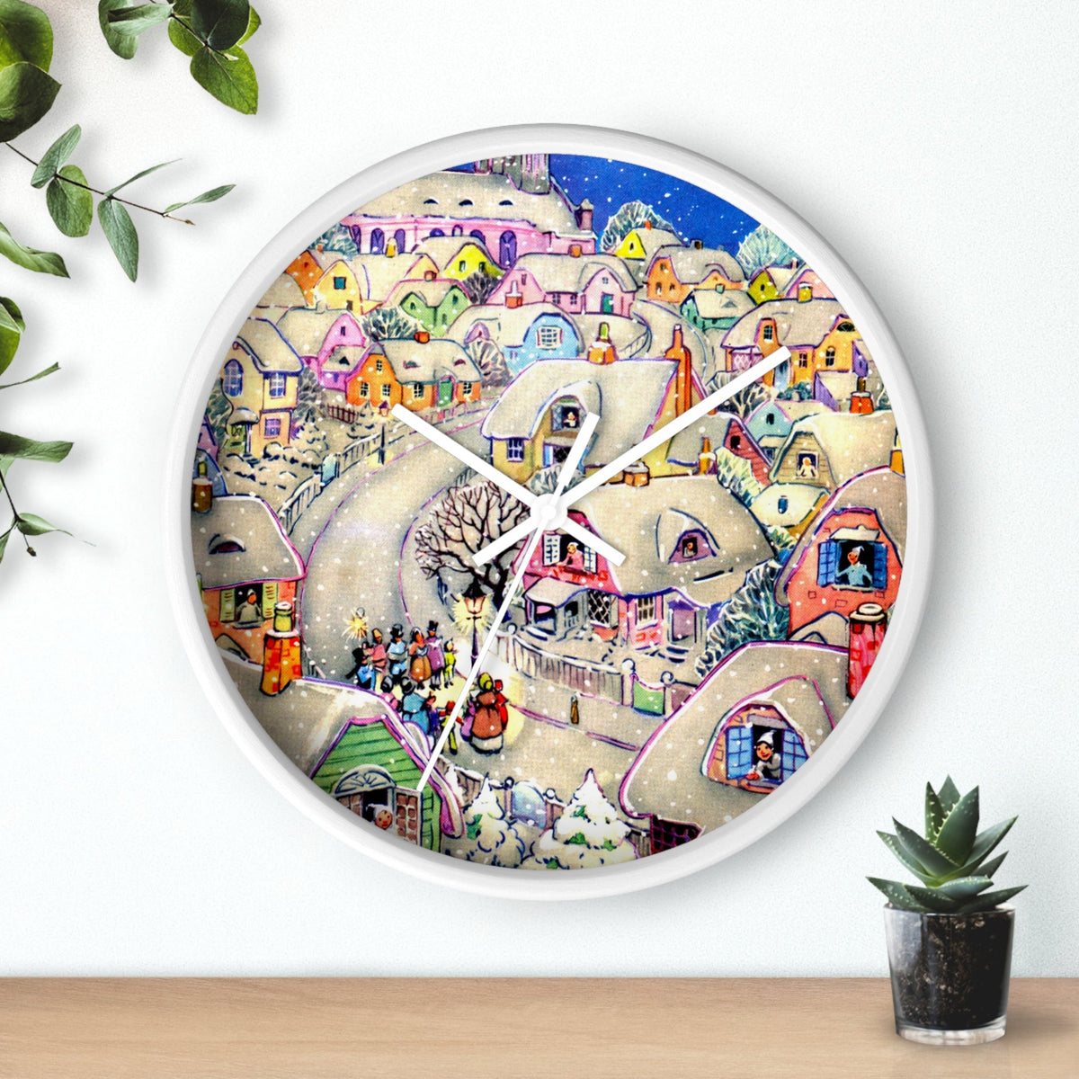 Christmas Town Retro Print White Christmas Wall Clock