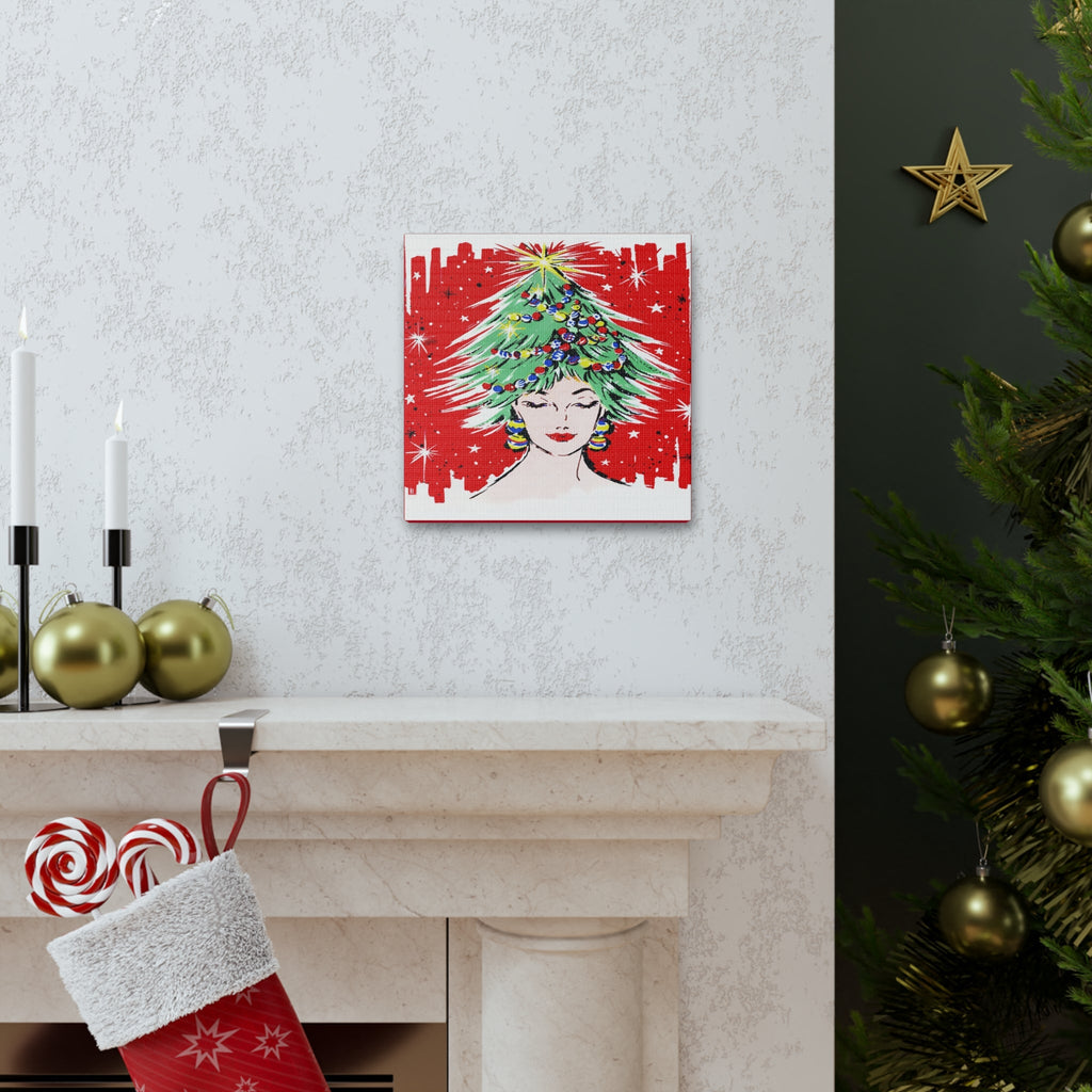 Christmas Tree Hat Lady 50s Mid Century Retro Christmas Print Canvas Gallery Wrap