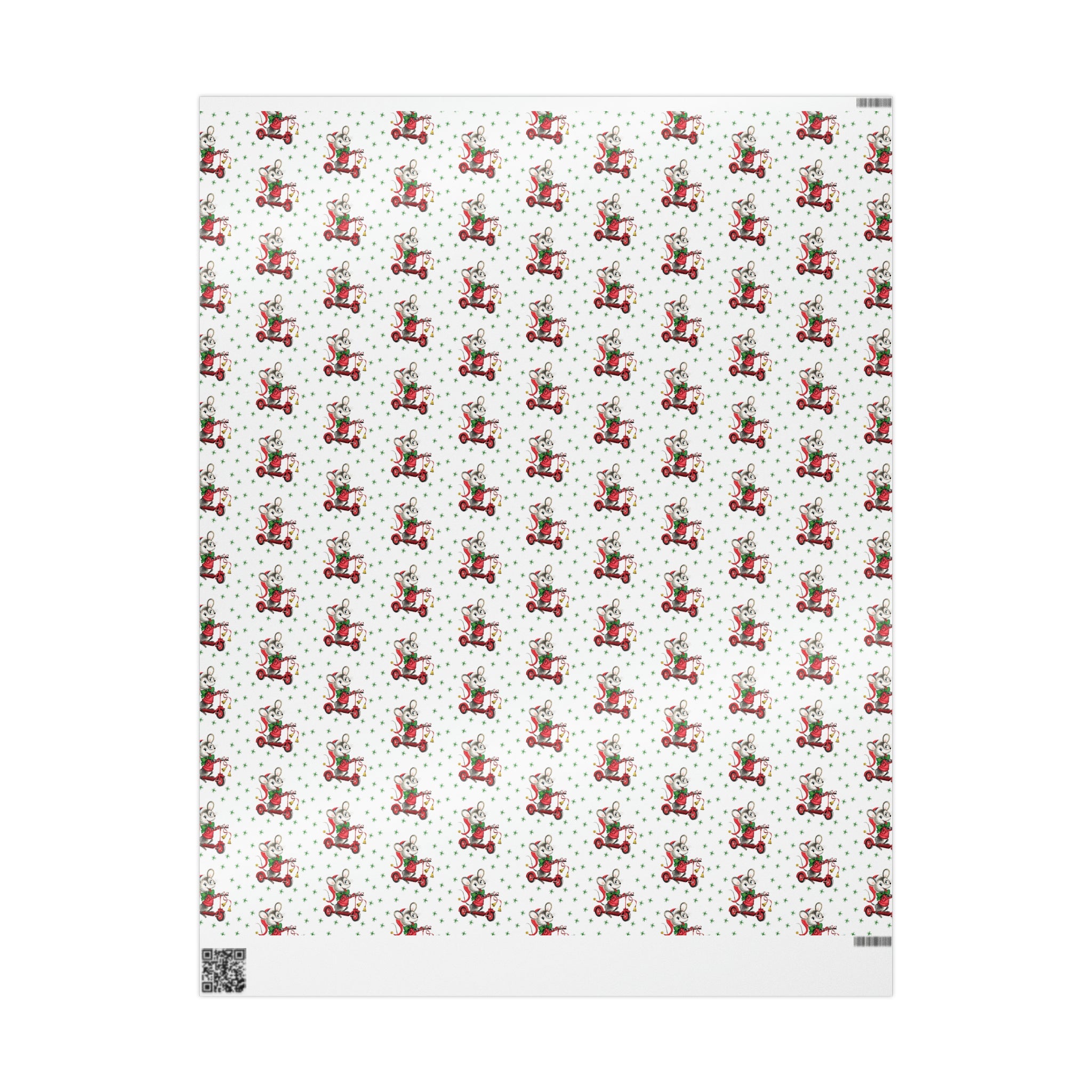 Christmas Mouse On Scooter Green Stars Mid Century Retro Christmas Print Holiday Gift Wrap Paper - Glossy Or Matte