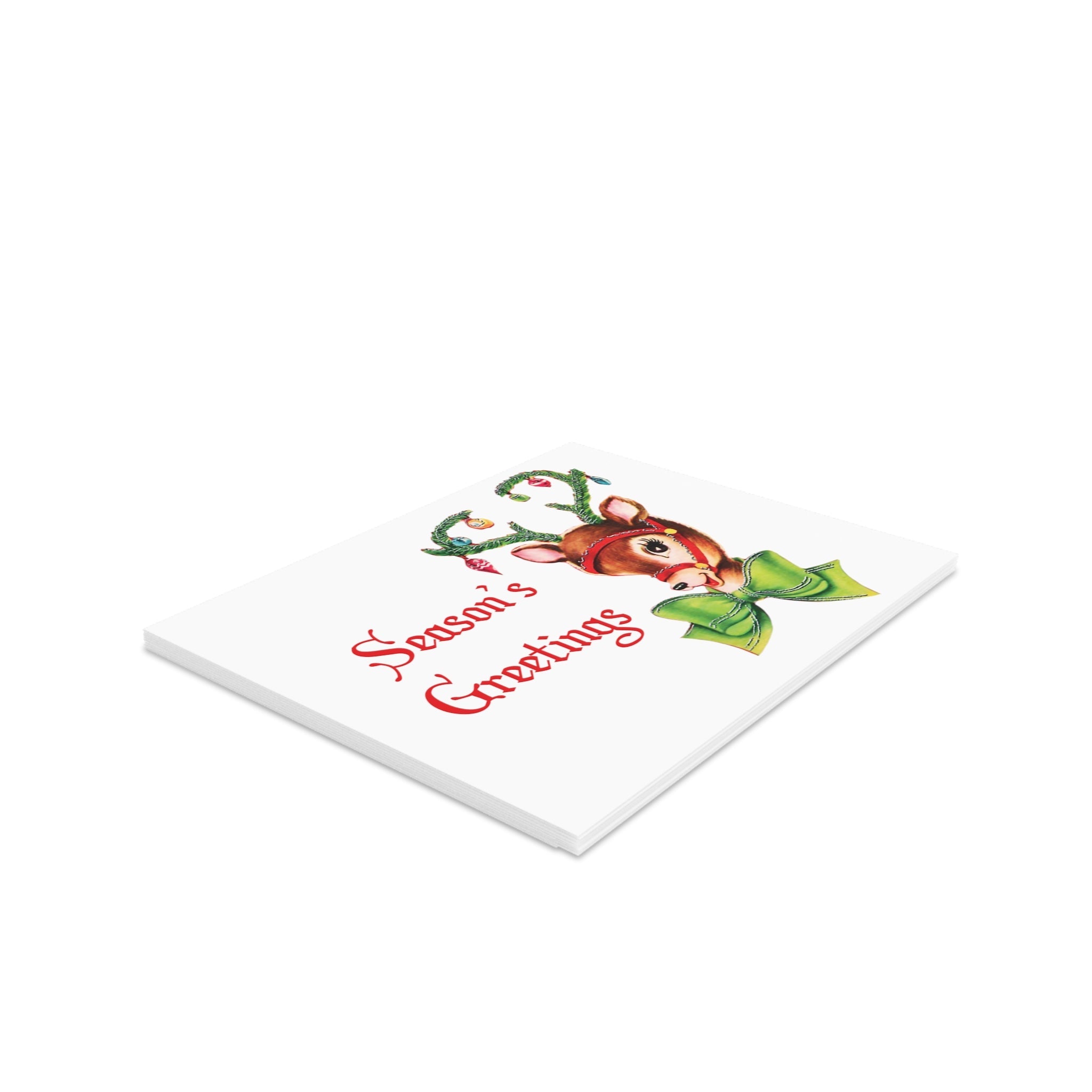 Season's Greetings Reindeer Ornament Tinsel Antlers Mid Century Retro Christmas Print Matte Greeting Cards (8, 16, and 24 pcs)