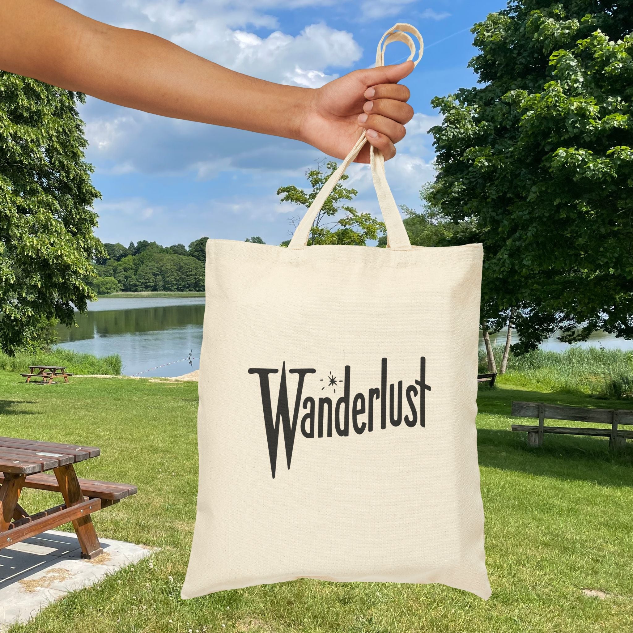 Wanderlust Canvas Tote Bag, Retro Font Design, Traveler Shoulder Bag, Eco-Friendly Shopper, Reusable Grocery Bag, Vintage Style Market Tote