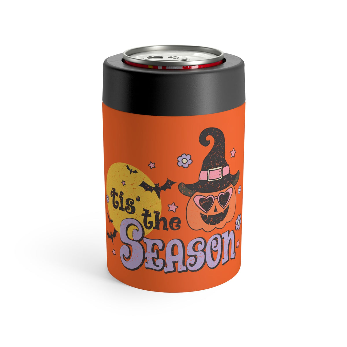Tis The Season Pumpkin Witch Distressed Print Halloween Lined Stainless Steel Can Holder