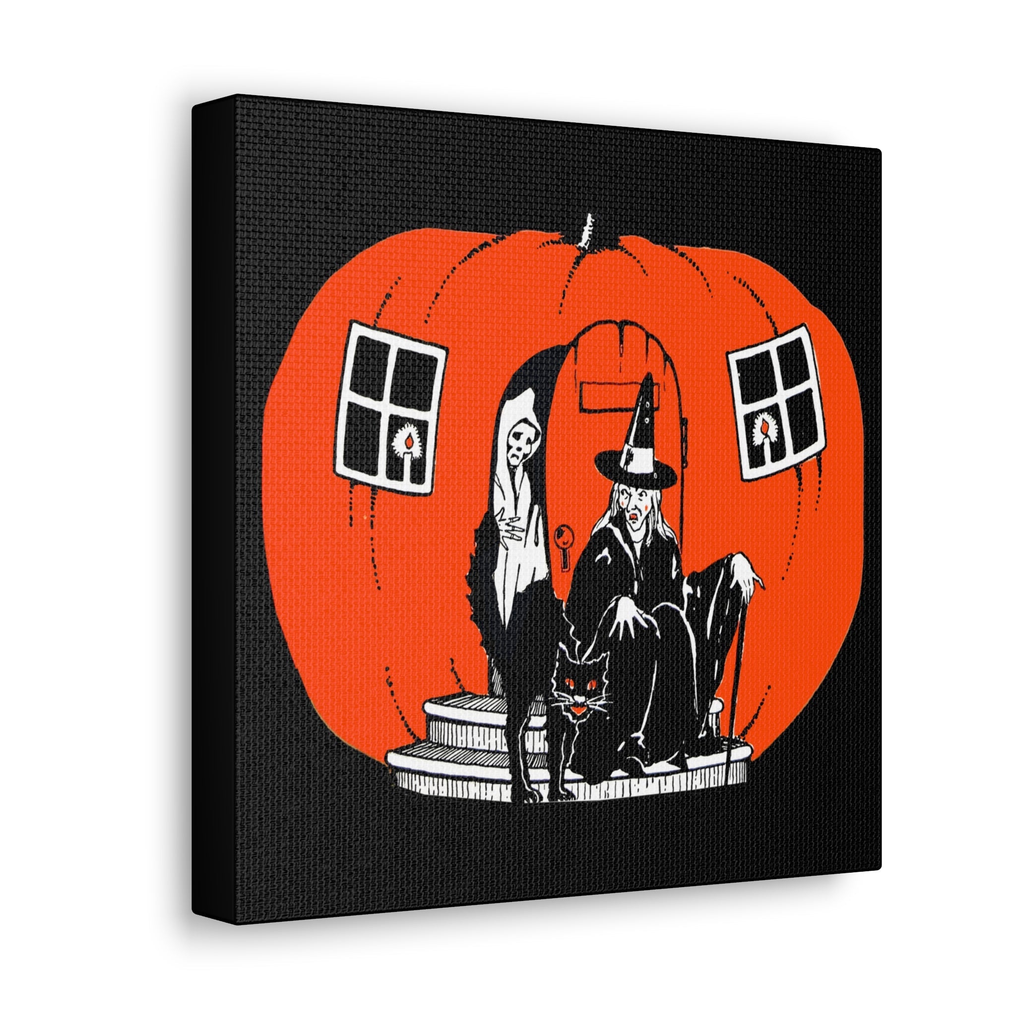 Pumpkin House Witch Black Cat Retro Halloween Decor Print Canvas Gallery Wrap
