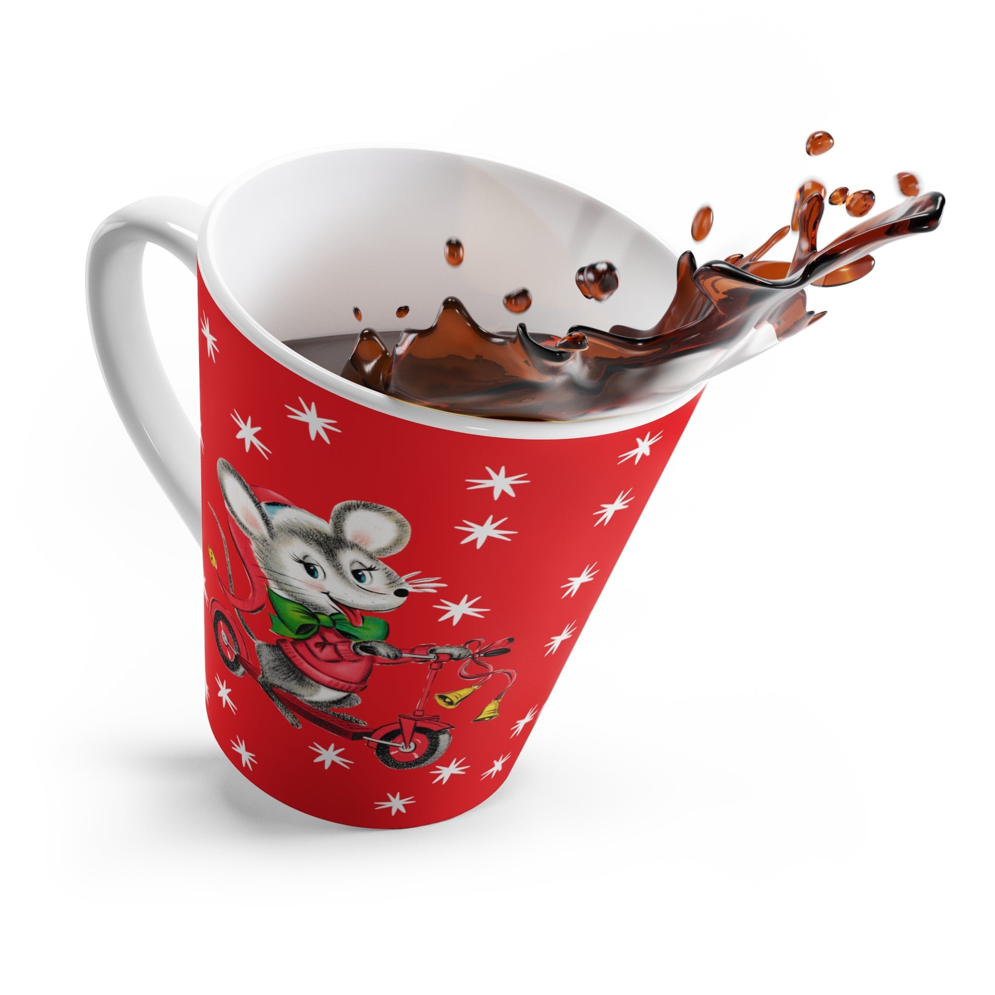 Christmas Mouse On Scooter Stars Red Mid Century Retro Christmas Print Latte Coffee Mug