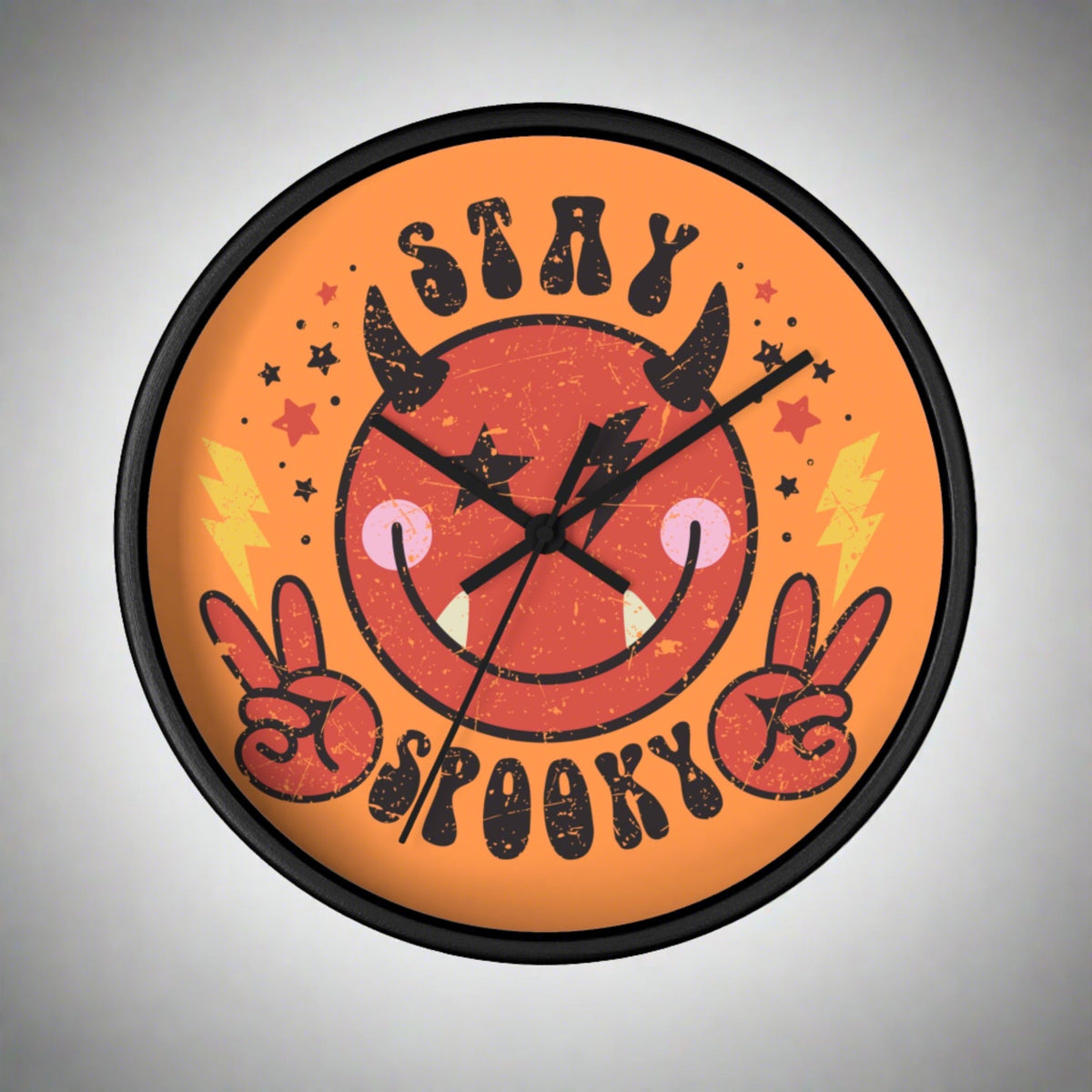 Stay Spooky Cute Devil Distressed Halloween Print Black Wall Clock