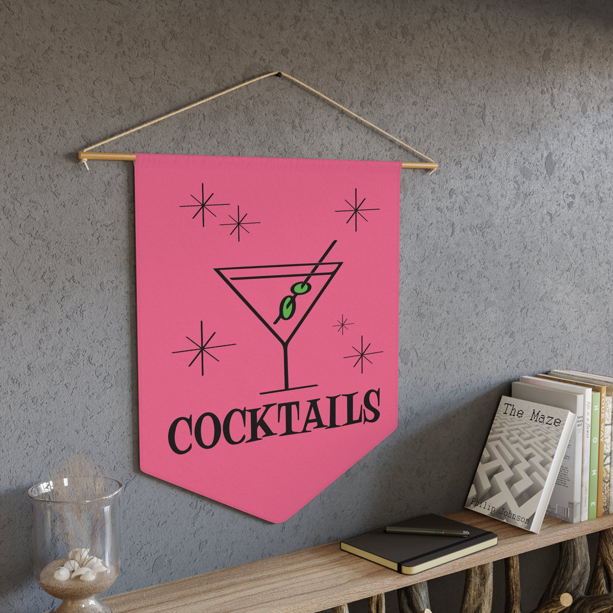 Martini Cocktails Mid Century Retro Style Pink Wall Hanging Banner Flag