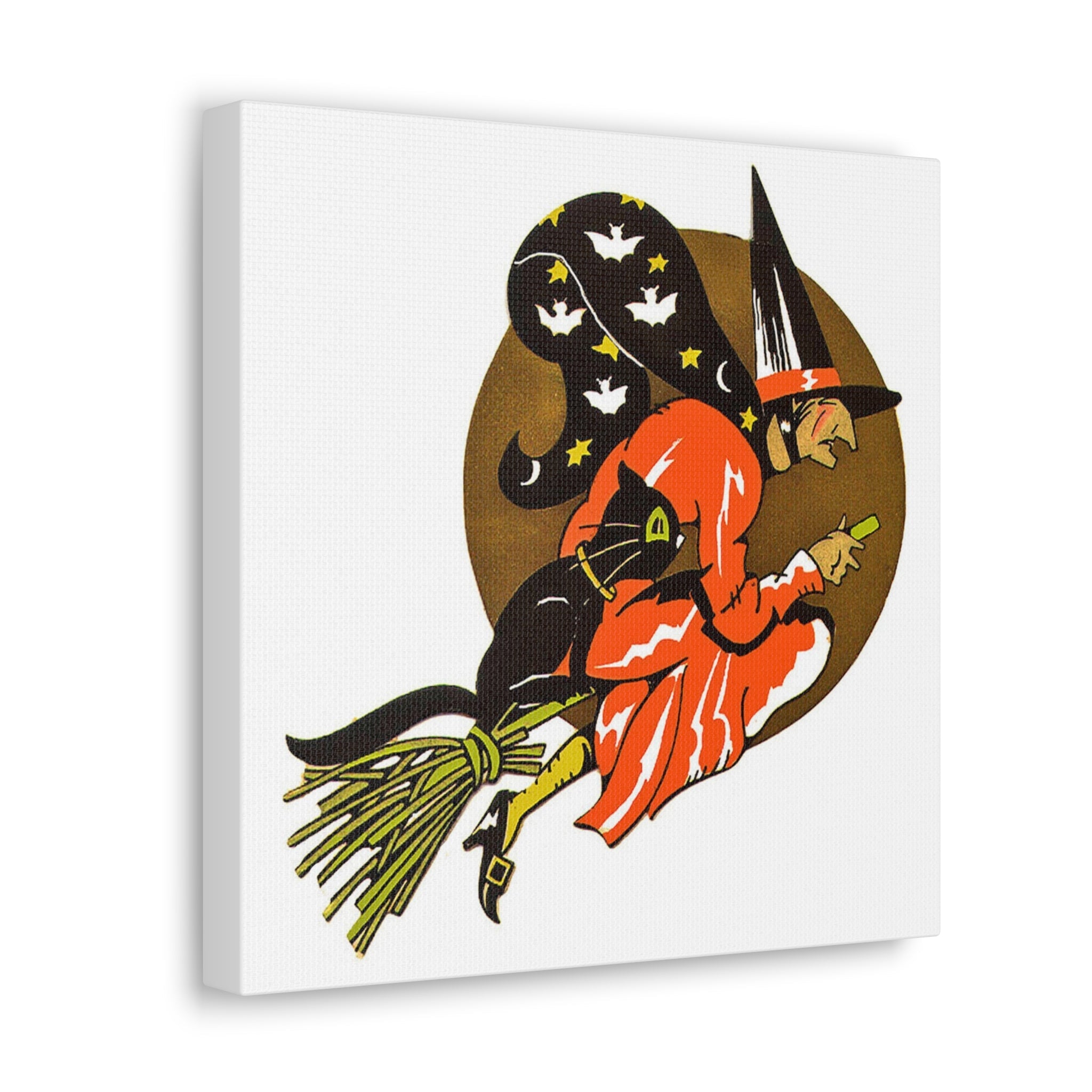 Gold Moon Witch Black Cat Retro Halloween Decor Print Canvas Gallery Wrap