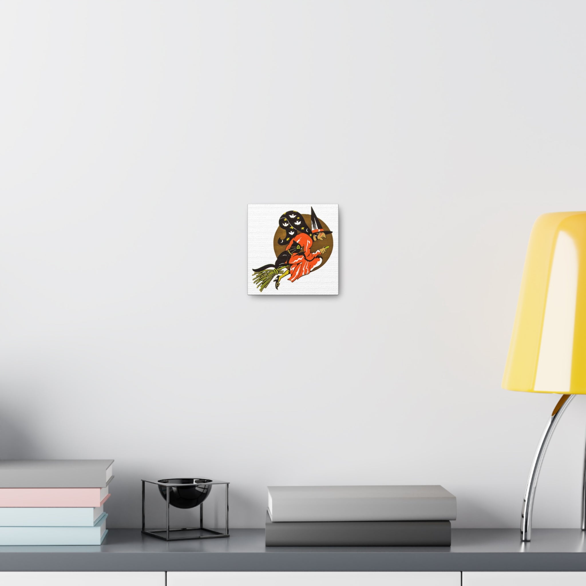Gold Moon Witch Black Cat Retro Halloween Decor Print Canvas Gallery Wrap