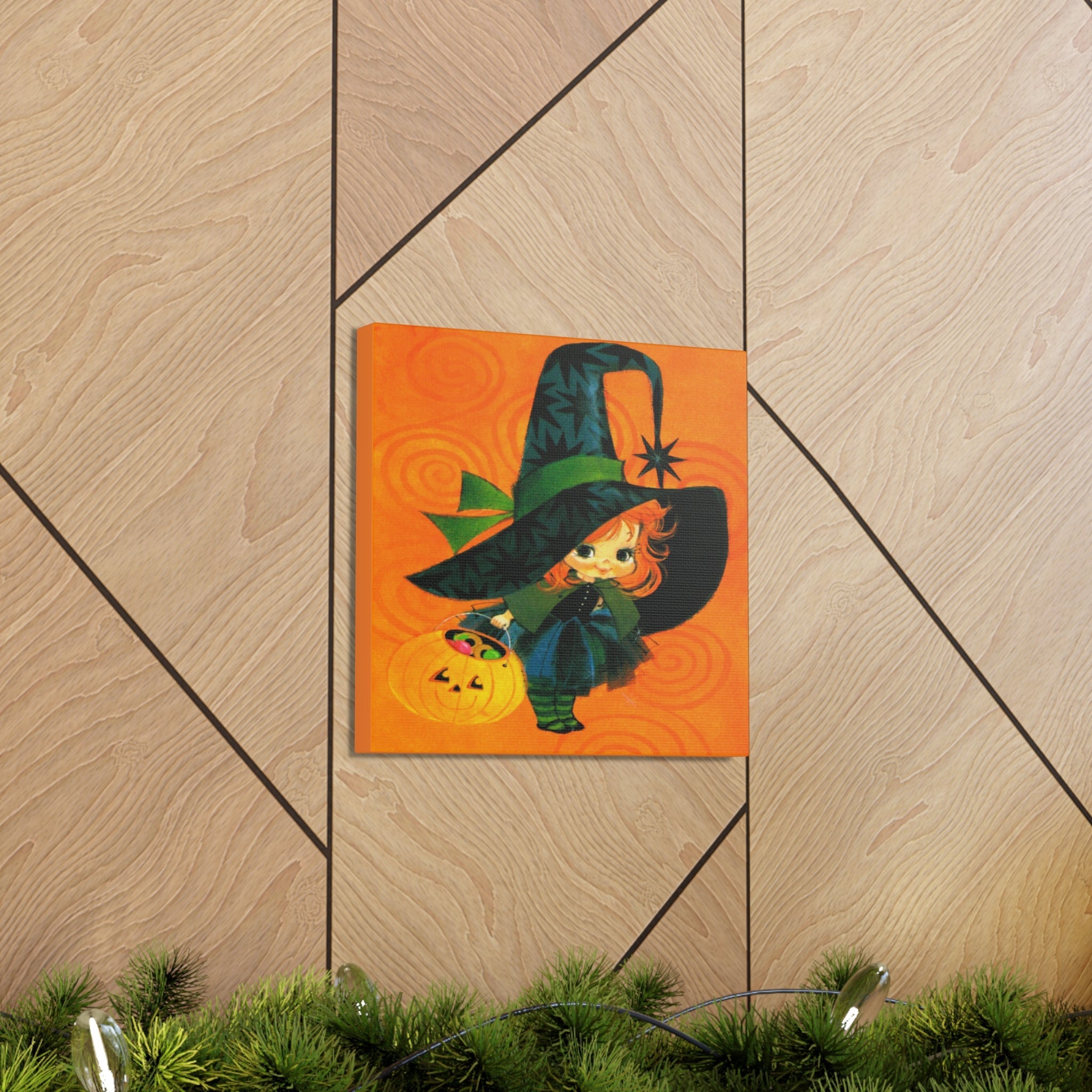 Cute Orange Witch Mod Retro Halloween Decor Print Canvas Gallery Wrap
