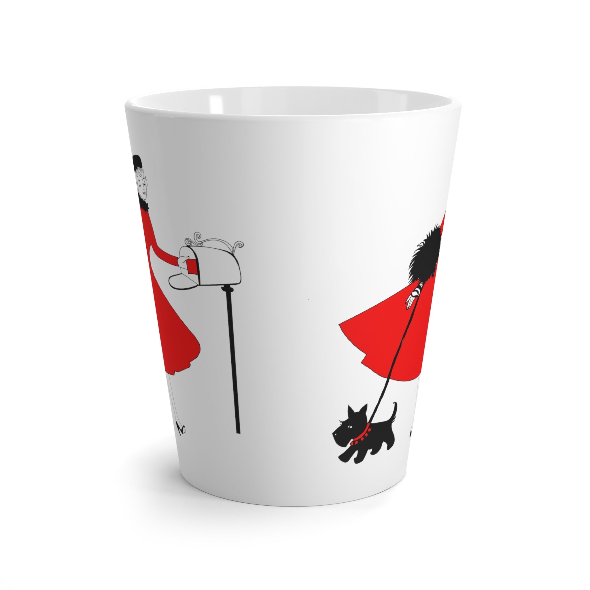 Christmas Lady With Black Scottie Dog At Mailbox Mid Century Retro Christmas Print Latte Coffee Mug