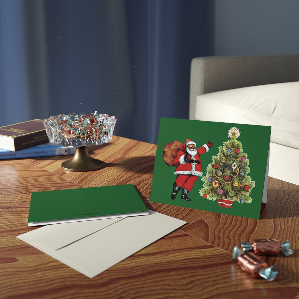 Santa With Christmas Tree Mid Century Retro Christmas Print Matte Greeting Cards (8, 16, and 24 pcs)