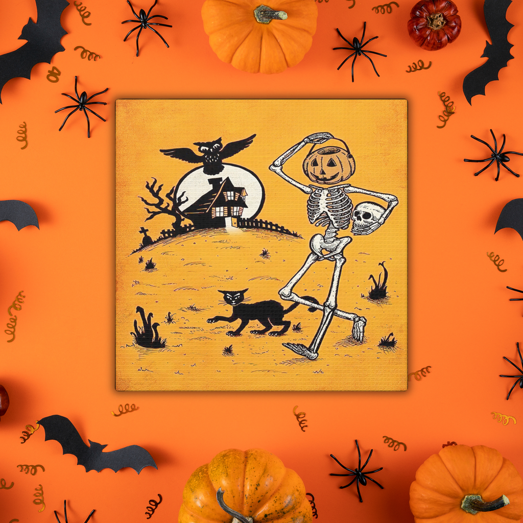 Skeleton Jack O Lantern Black Cat Owls Retro Halloween Vintage Art Canvas Gallery Wrap