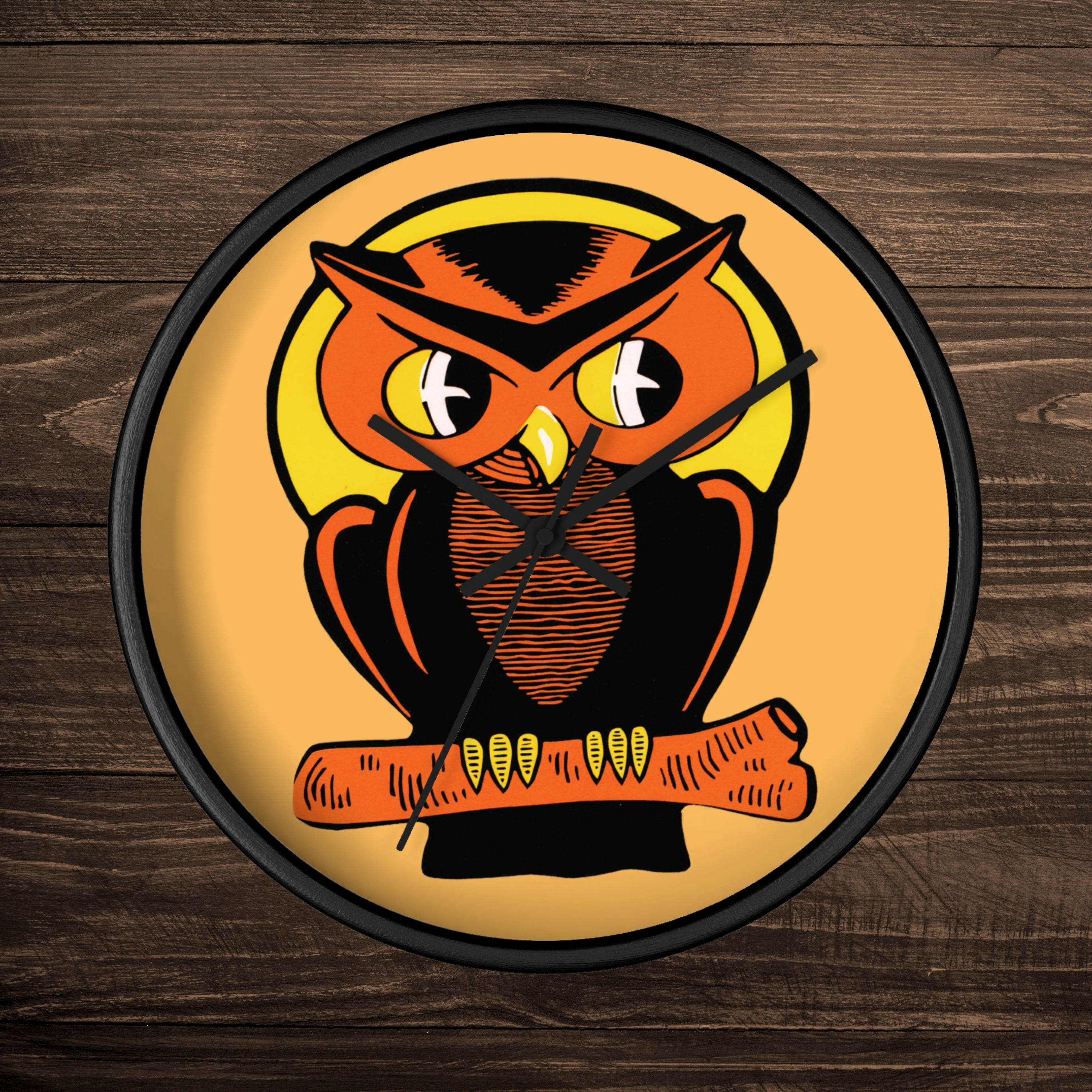 Orange Owl Yellow Moon Retro Halloween Fall Black Wooden Wall Clock