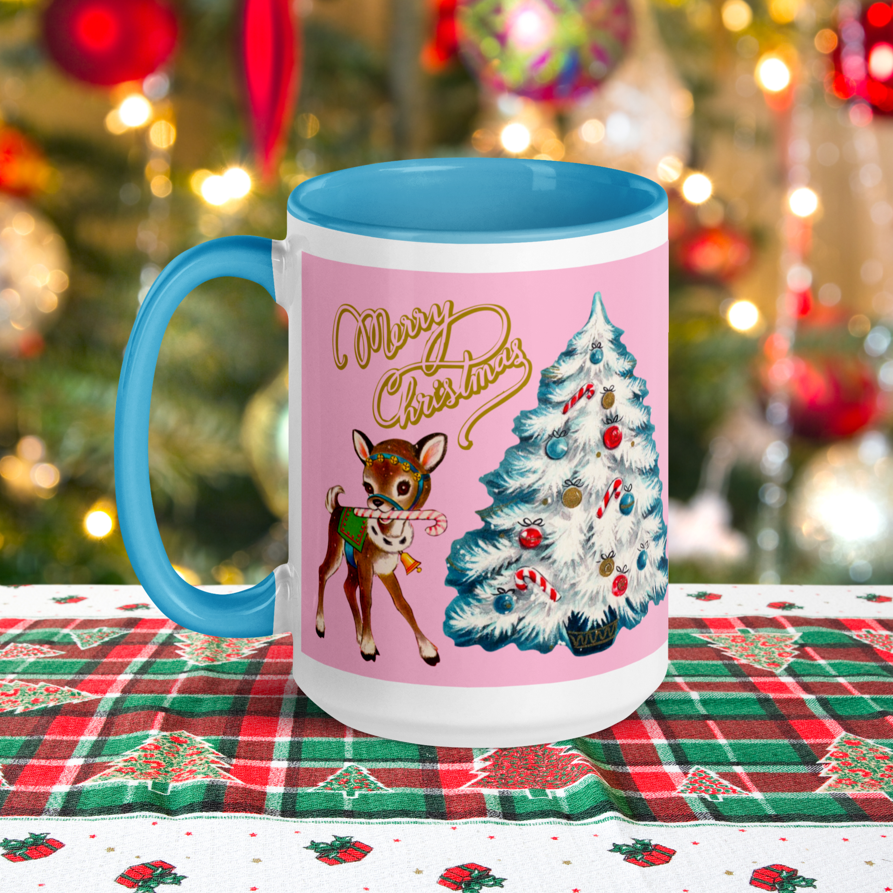 Merry Christmas Retro Reindeer Christmas Tree Lined Blue Ceramic Mug