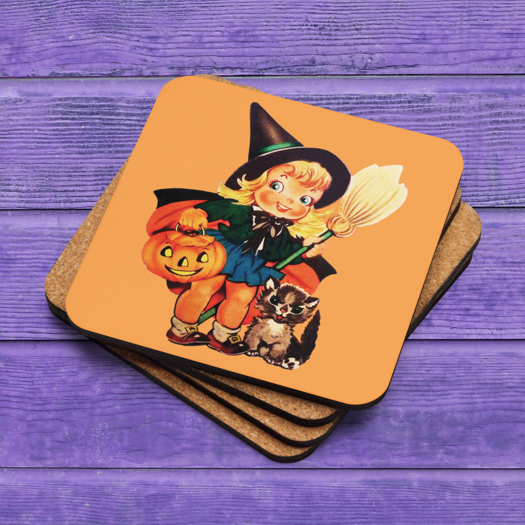 Little Witch With Cat And Broom Retro Halloween Cork-back Coaster