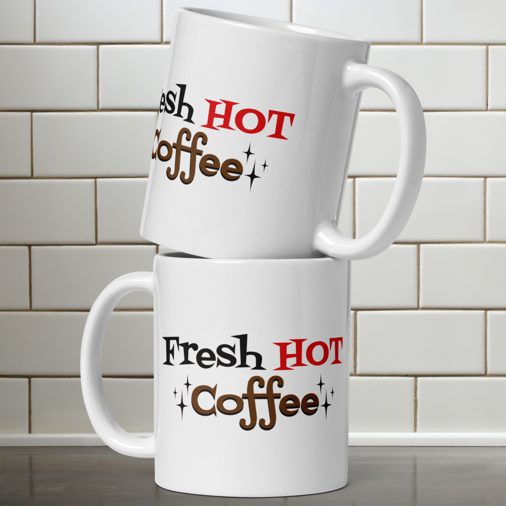 Fresh Hot Coffee Starburst Atomic Mid Century Retro Style White Glossy Coffee Mug