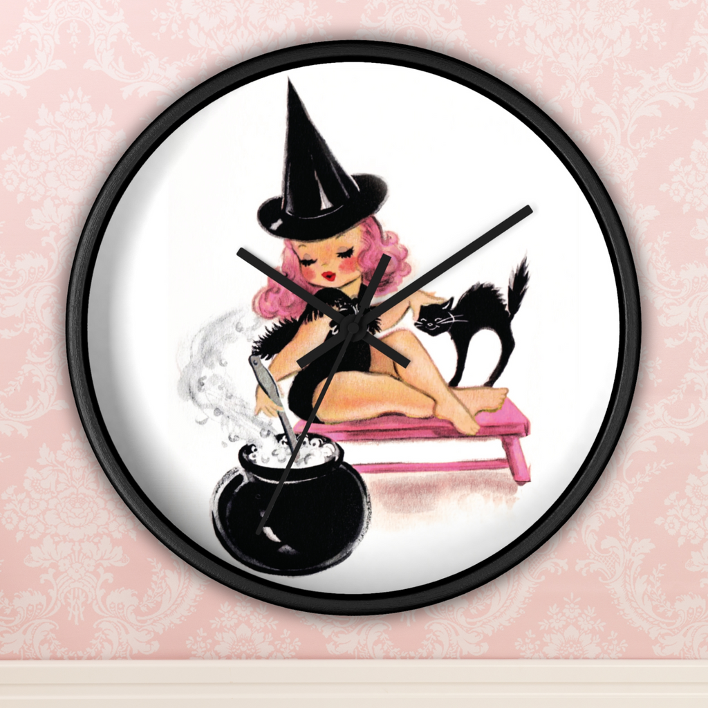 Pink Witch Black Cat Retro Halloween Fall Print Decor Wooden Wall Clock