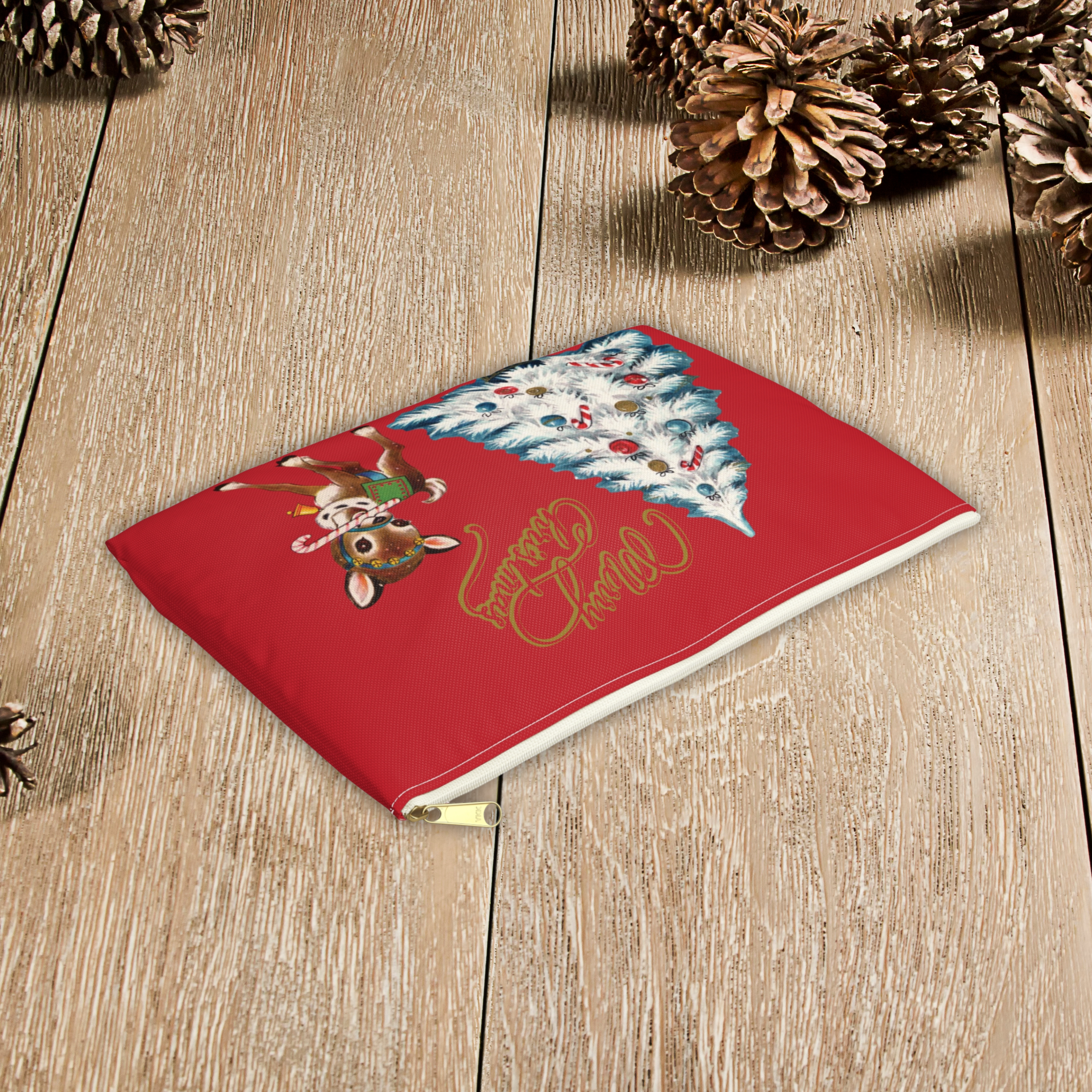 Merry Christmas Reindeer Tree Red Retro Christmas Print Polyester Accessory Pouch Travel Bag