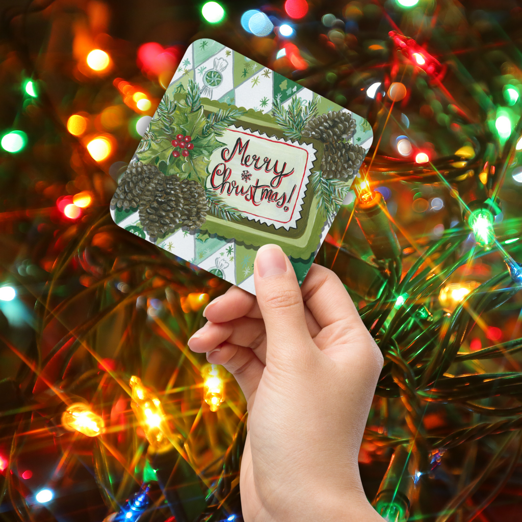 Merry Christmas Pinecones Retro Cork-back Coaster