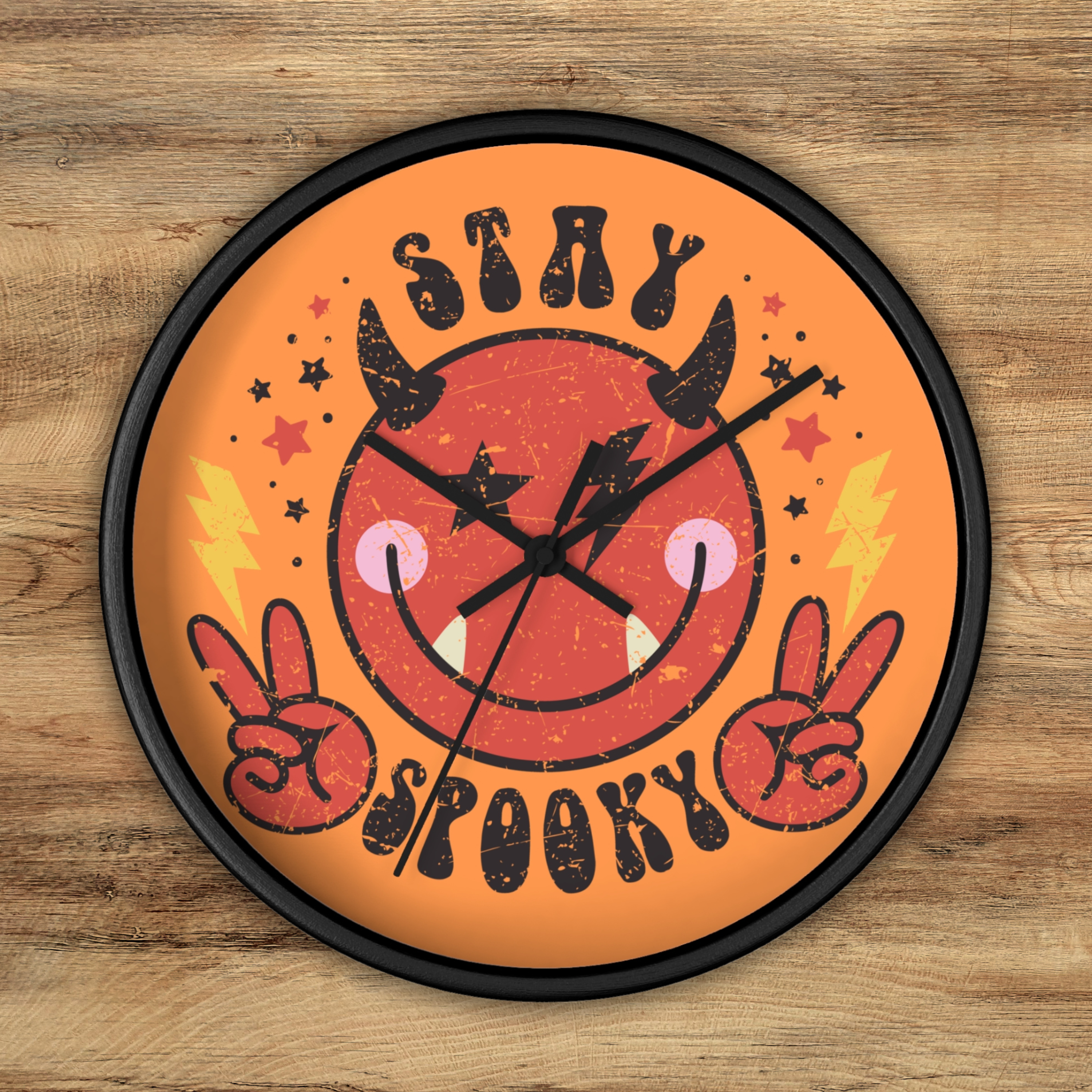 Stay Spooky Cute Devil Distressed Halloween Print Black Wall Clock