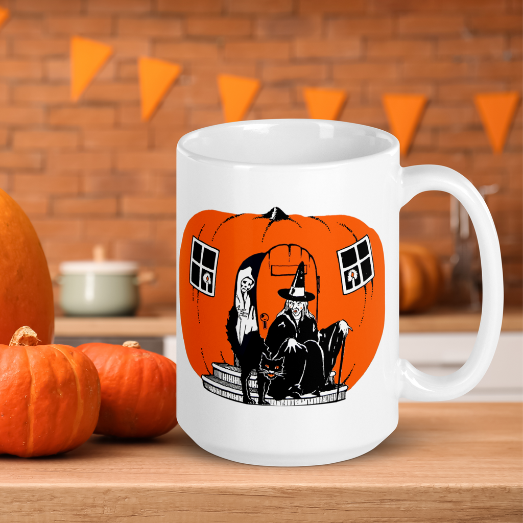 Pumpkin Witch House Black Cat Retro Halloween Vintage Mug