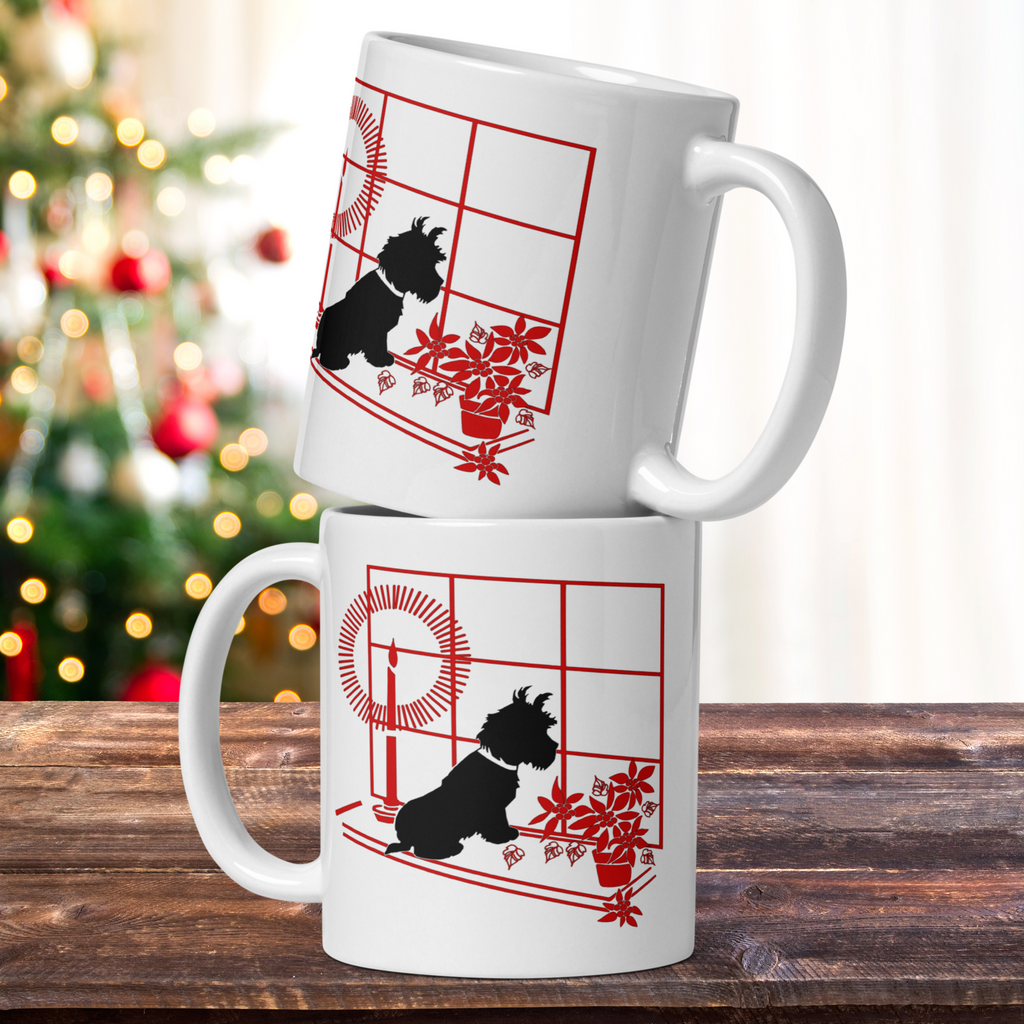 Black Scottie Dog At Window With Poinsettias And Candle Retro Vintage Print Ceramic Glossy Christmas Coffee Mug