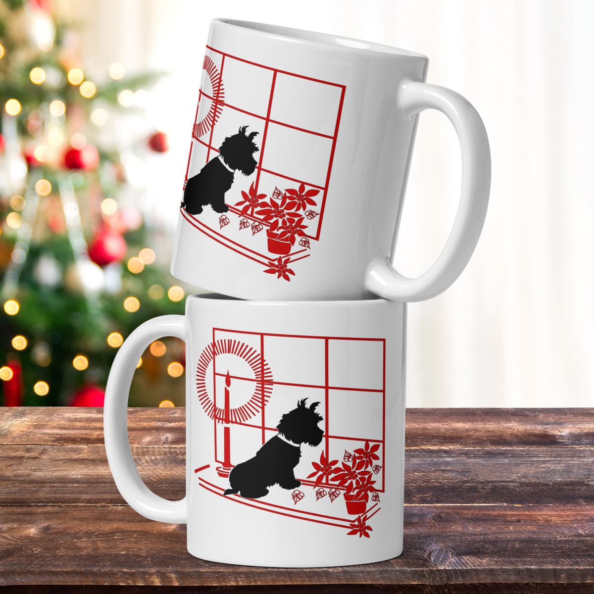 Black Scottie Dog At Window With Poinsettias And Candle Retro Vintage Print Ceramic Glossy Christmas Coffee Mug