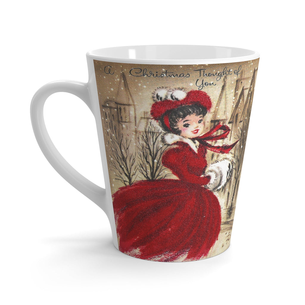Christmas Mug - A Christmas Thought Of You Lady In Snow City Mid Century Retro Christmas Print Latte Coffee Mug