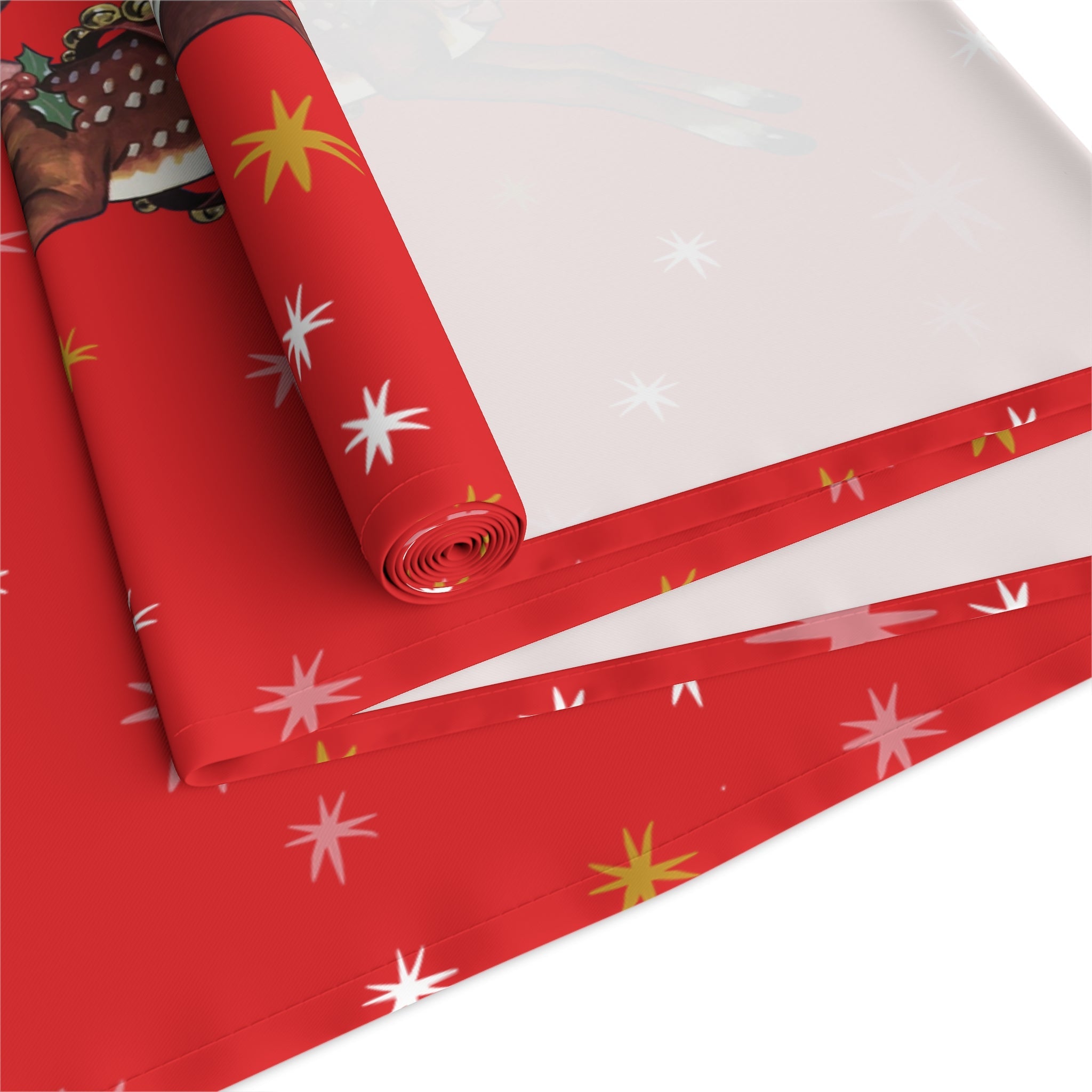 Leaping Reindeer Stars Red Midcentury Retro Christmas Polyester Table Runner