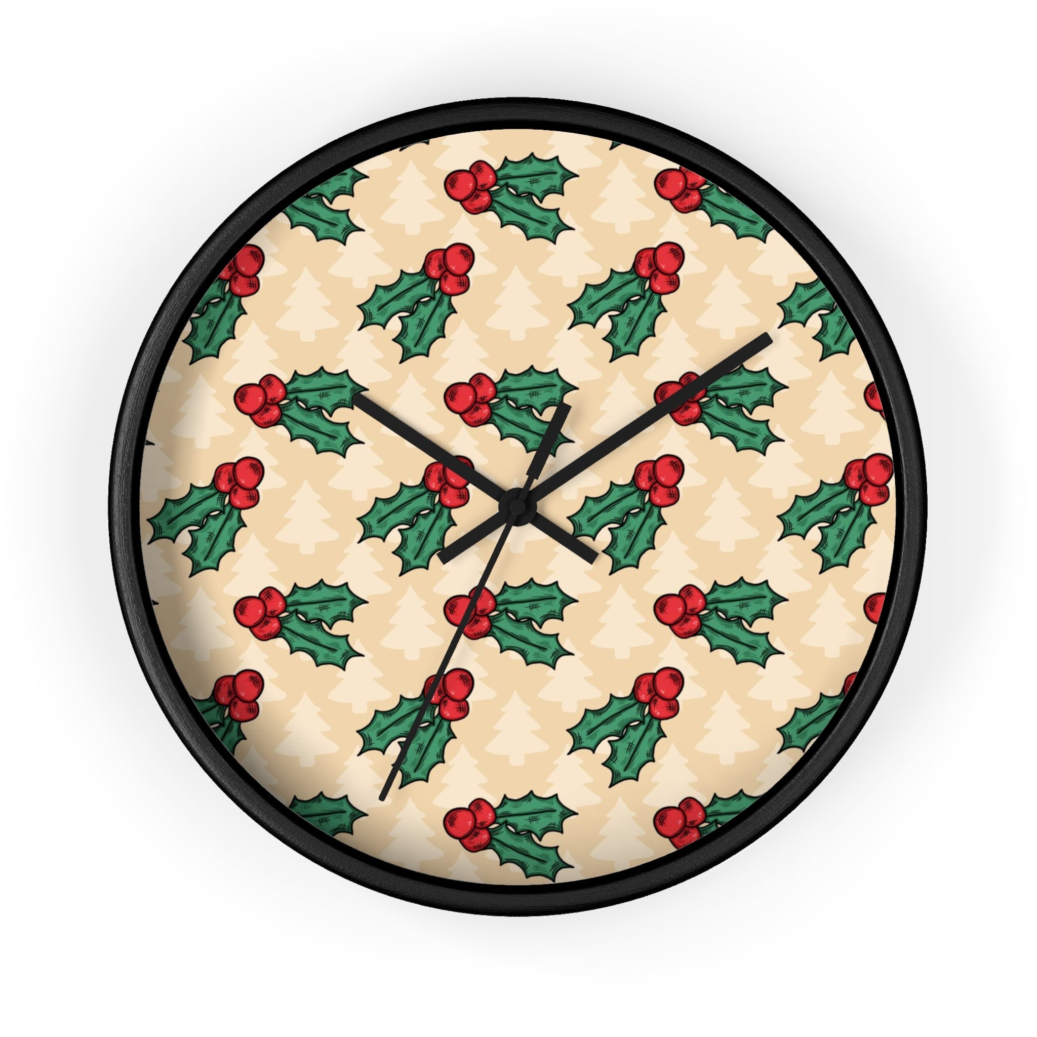 Cute Christmas Holly Trees Black Christmas Wall Clock