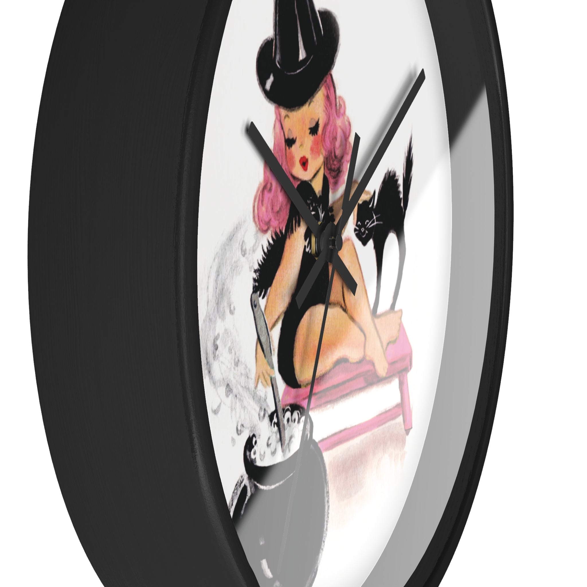 Pink Witch Black Cat Retro Halloween Fall Print Decor Wooden Wall Clock